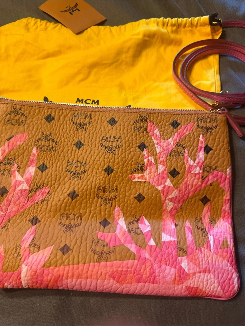 MCM Cognac Visetos Pink Coral-Print Zip Pouch with Pink Strap
